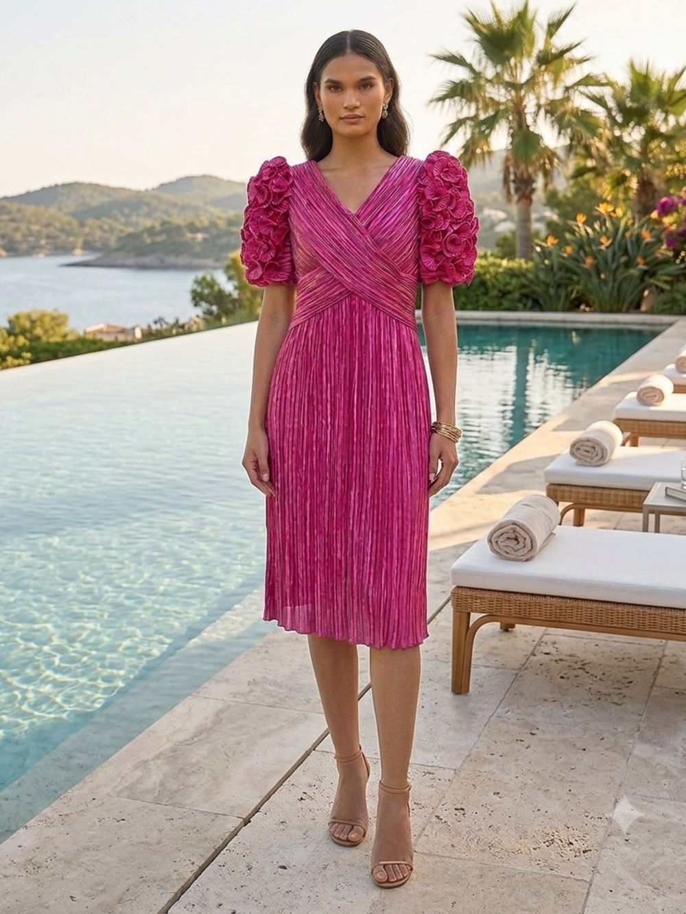Bright Pink Pleated Midi Dress with Statement Puff Sleeves